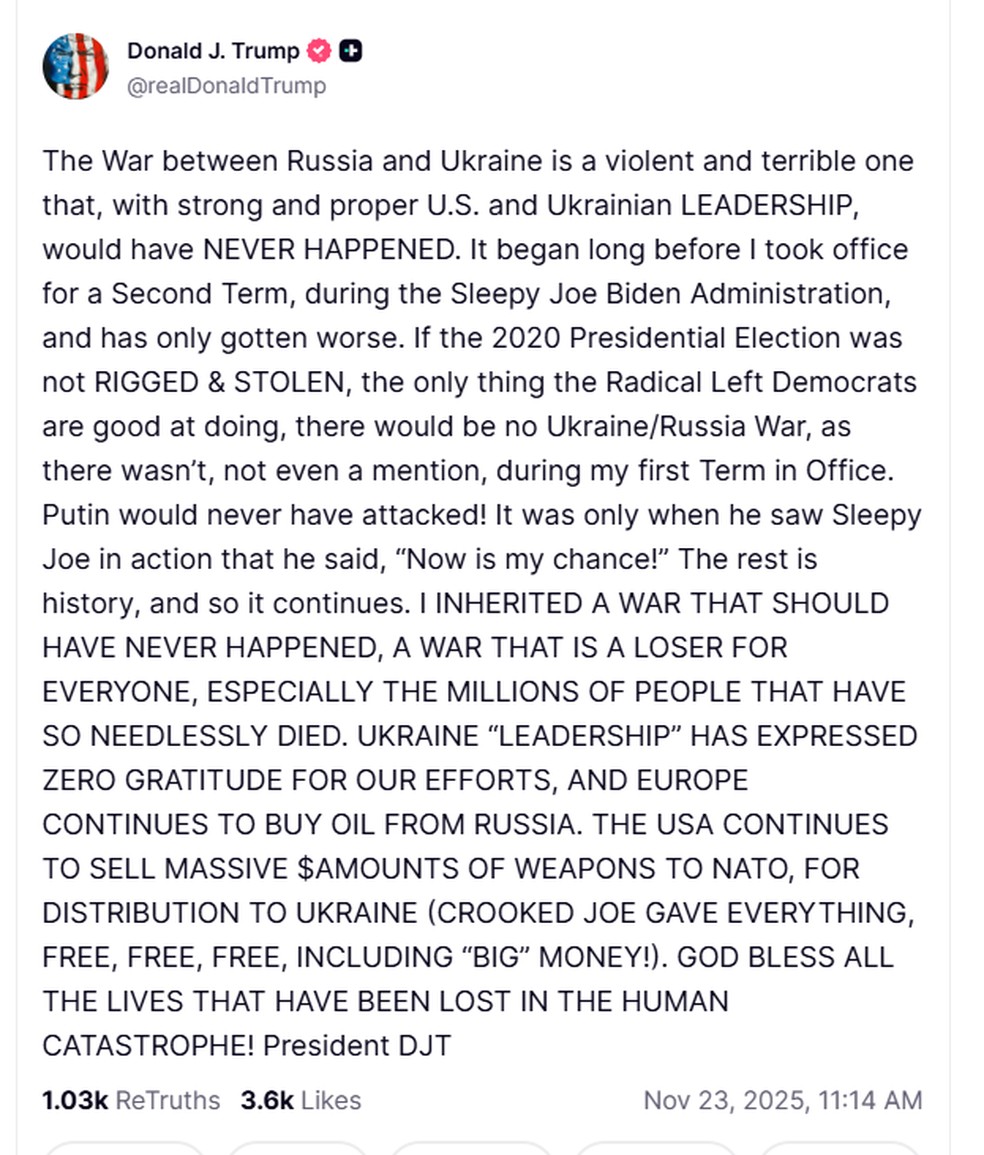 Em comentário no Truth Social, Trump dispara contra Zelensky e lideranças ucranianas — Foto: Reprodução