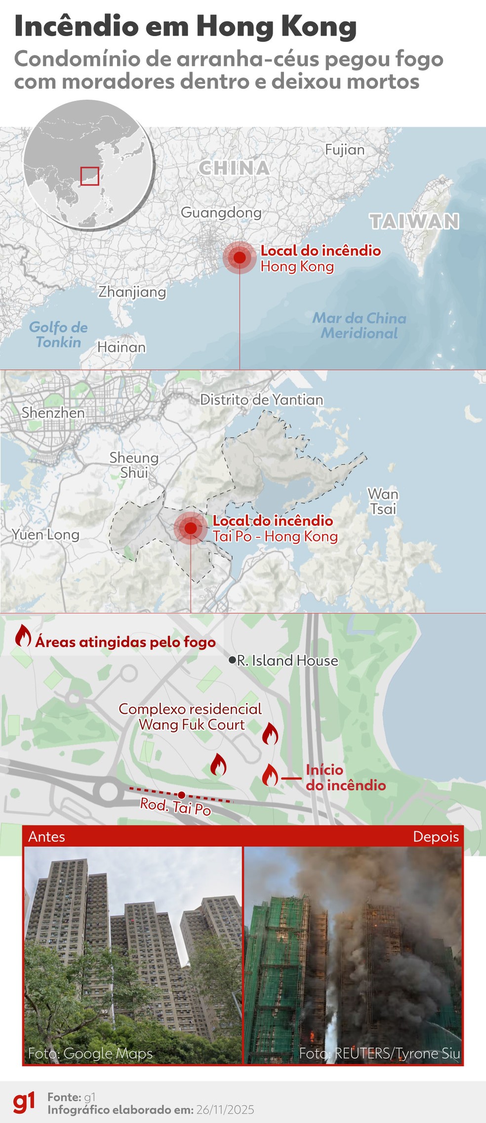 Veja onde ocorreu incêndio de grandes proporções em Hong Kong em 26 de novembro de 2025. — Foto: Veronica Medeiros/arte g1