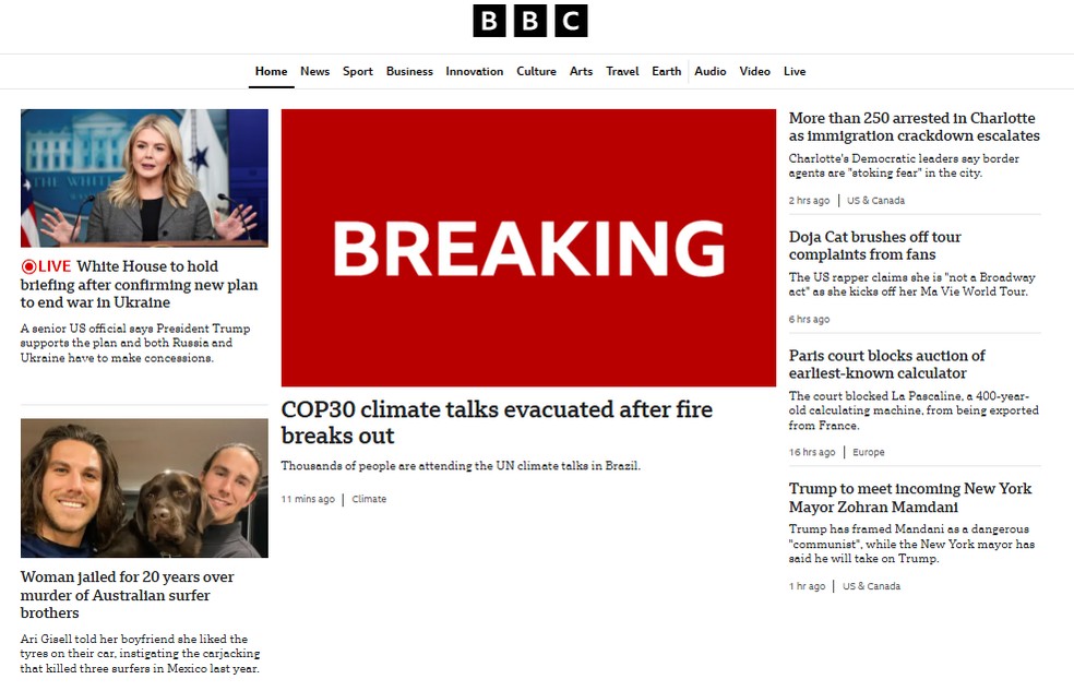 Rede do Reino Unido BBC destaca incêndio na COP30. — Foto: Reprodução/ BBC