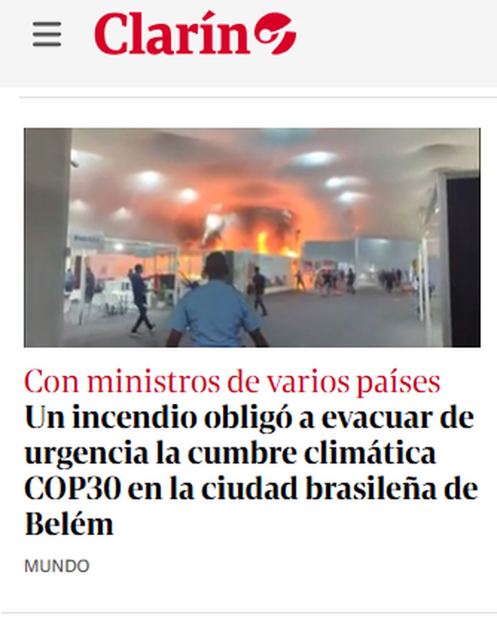 O jornal argentino Clarín noticia o incêndio na COP30 em Belém, em 20 de novembro de 2025. — Foto: Reprodução/ Clarín