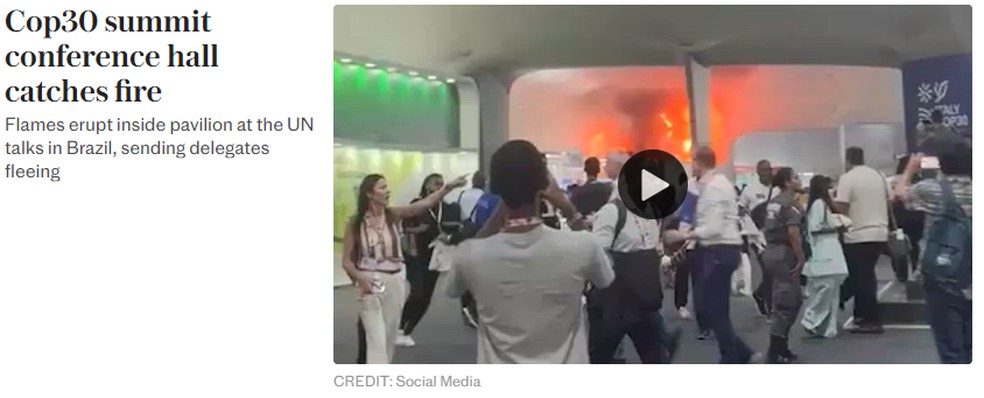 Jornal britânico "The Telegraph" sobre incêndio na COP30 — Foto: Reprodução
