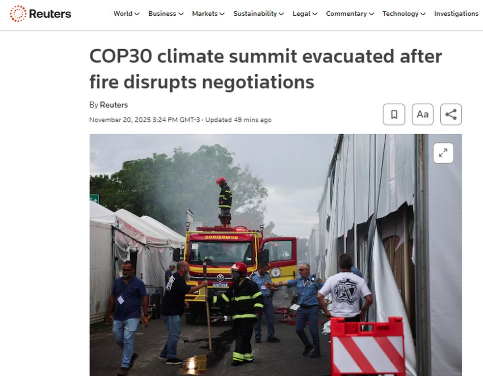 Notícia do incêndio na COP30 na agência de notícias Reuters — Foto: Reprodução