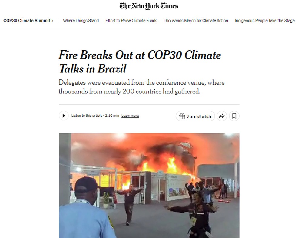 Incêndio na COP30 no jornal americano "The New York Times" — Foto: Reprodução