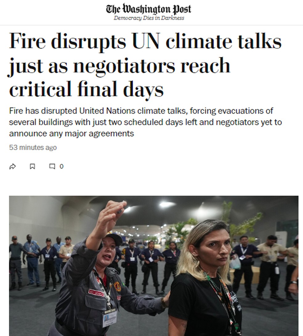 Incêndio na COP30 no jornal americano "The Washington Post" — Foto: Reprodução