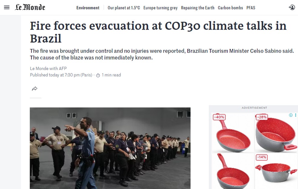 Incêndio na COP30 no jornal francês "Le Monde" — Foto: Reprodução
