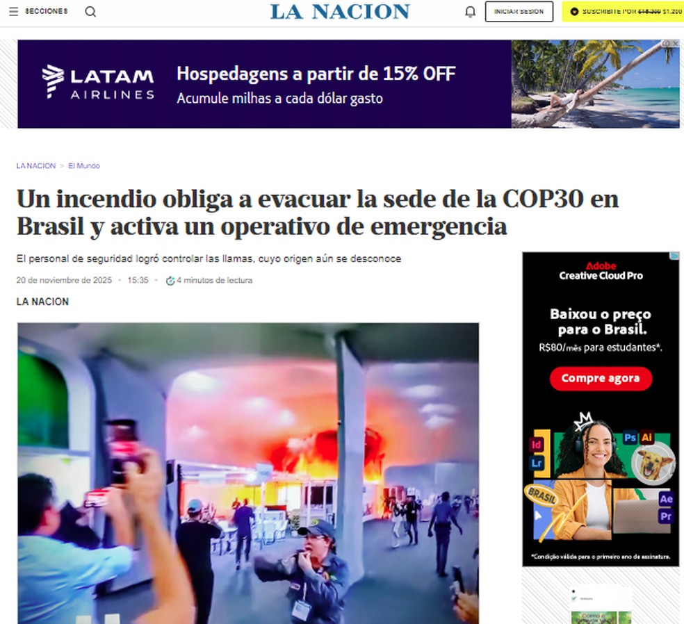 Incêndio na COP30 no jornal argentino "La Nacion" — Foto: Reprodução