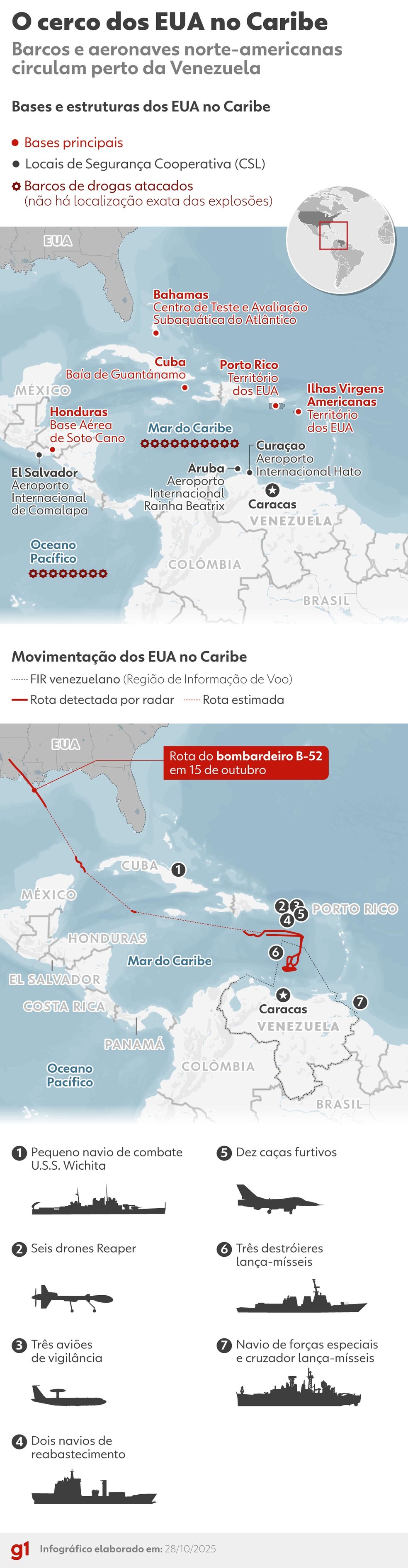 Mapas mostram cerco dos EUA contra a Venezuela — Foto: Dhara Assis/Arte g1