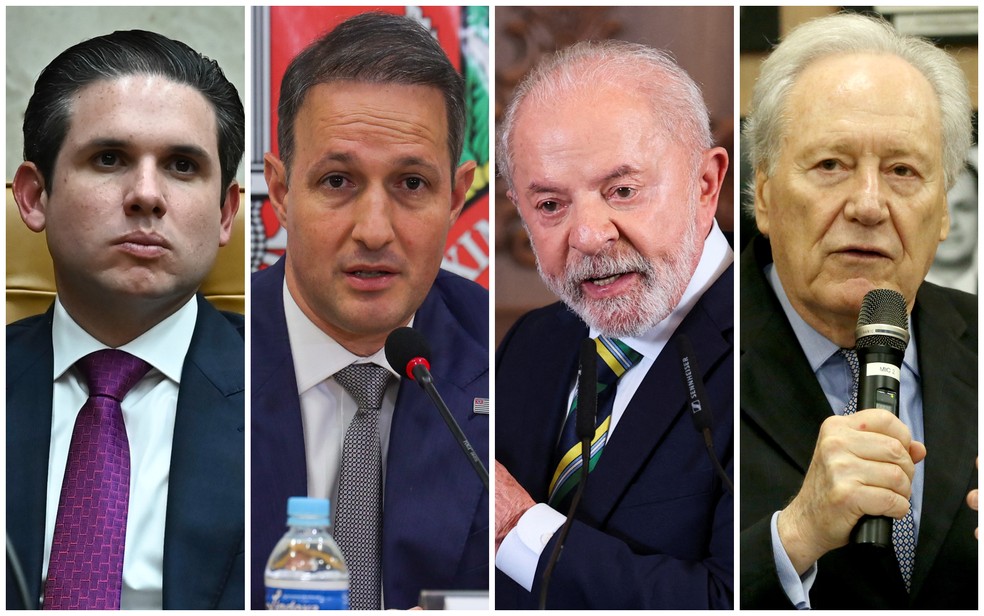 Hugo Motta (presidente da Câmara); Guilherme Derrite (deputado federal e secretário de Segurança de SP licenciado); presidente Lula; Ricardo Lewandowski (ministro da Justiça e Segurança Pública) — Foto: Ton Molina/Estadão Conteúdo; Marcelo Estevão/TheNews2; Edgar Su/Reuters; Fátima Meira/Enquadrar/Estadão Conteúdo