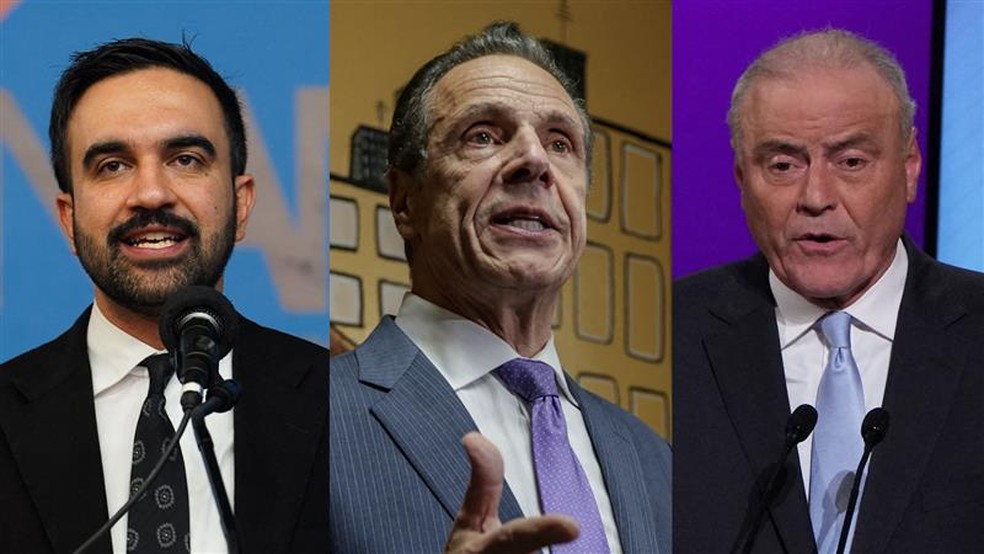 Mamdani (Democrata), Cuomo (independente) e Sliwa (Republicano), candidatos a prefeito de NY — Foto: Montagem/Reuters