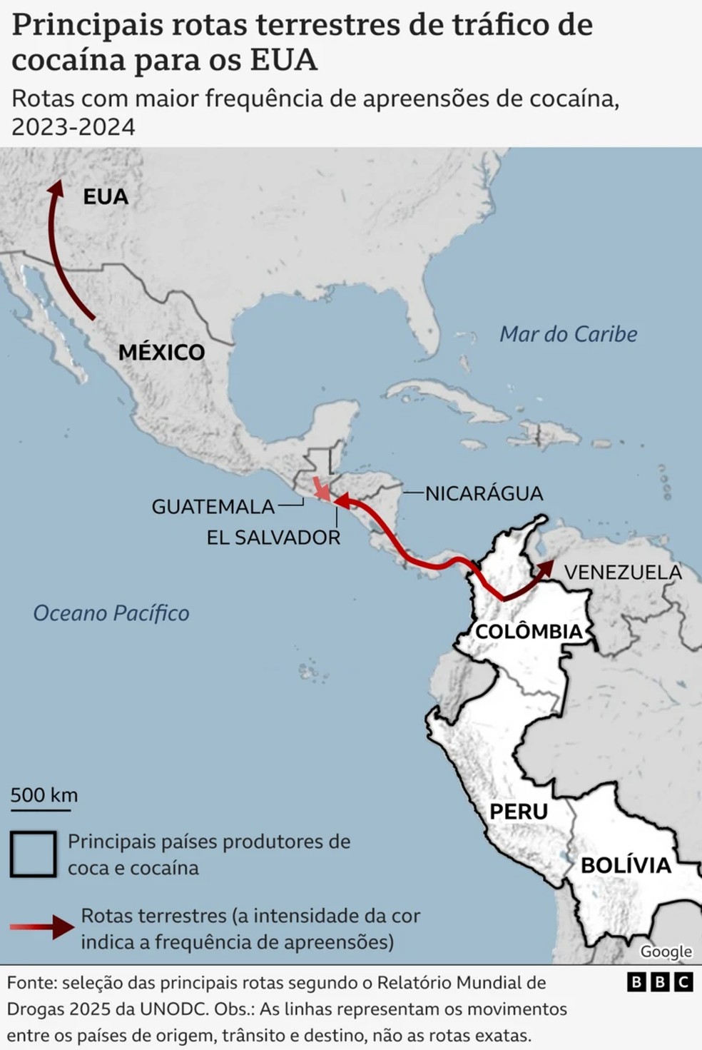 Rotas com maior frequência de apreensão de cocaína (2023-2024) — Foto: Jornalismo Visual da BBC News Mundo