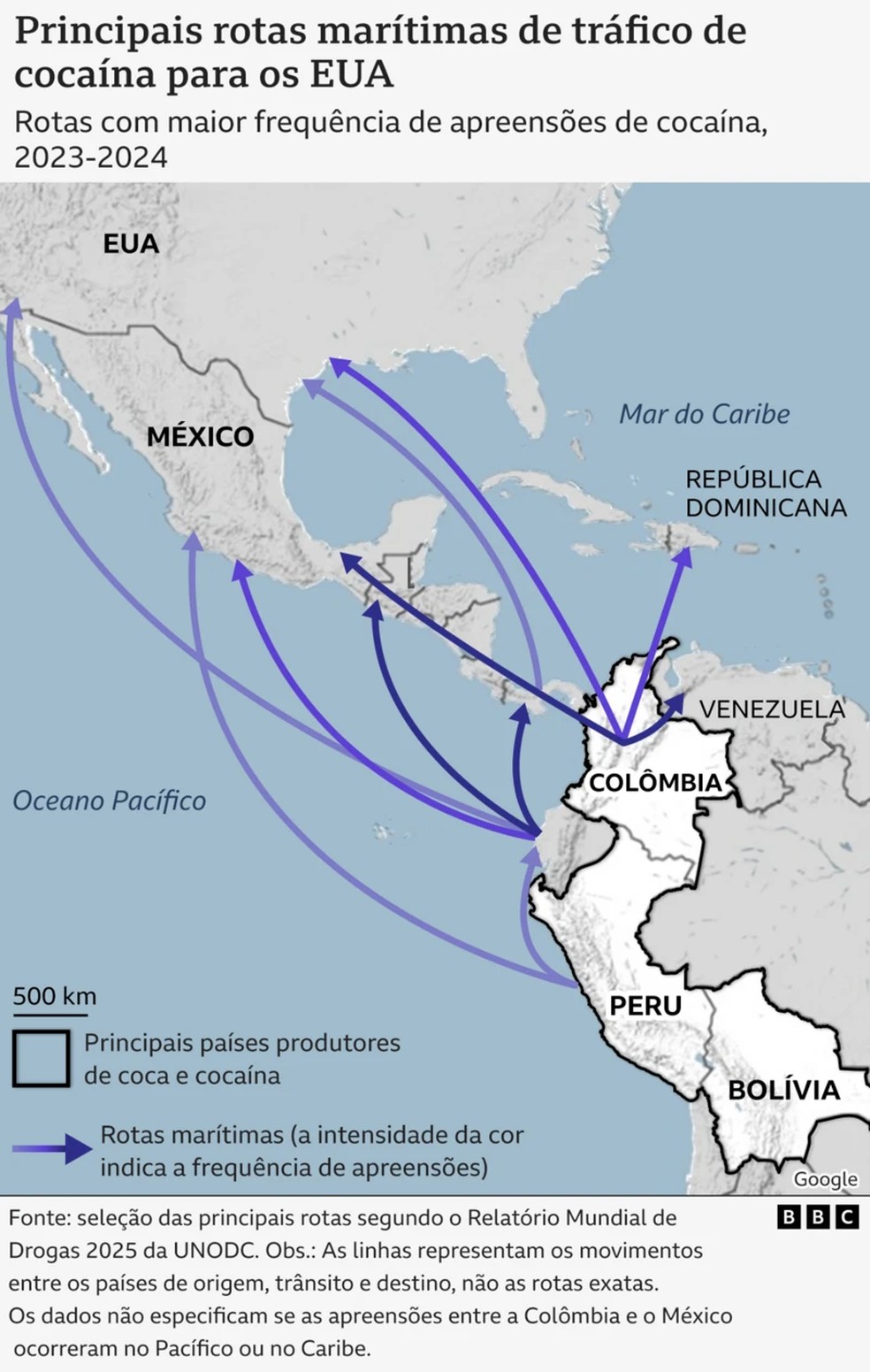 Principais rotas marítimas de tráfico de cocaína para os EUA — Foto: Jornalismo Visual da BBC News Mundo