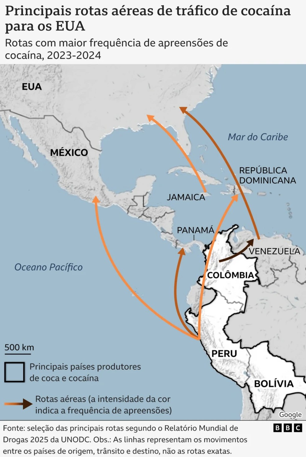 [Rotas com maior frequência de apreensões de cocaína (2023-2024) — Foto: Jornalismo Visual da BBC News Mundo