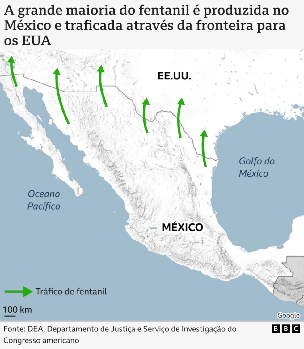 A grande maioria do fentanil é produzida no Méxica e traficada através da fronteira para os EUA — Foto: Jornalismo Visual da BBC News Mundo
