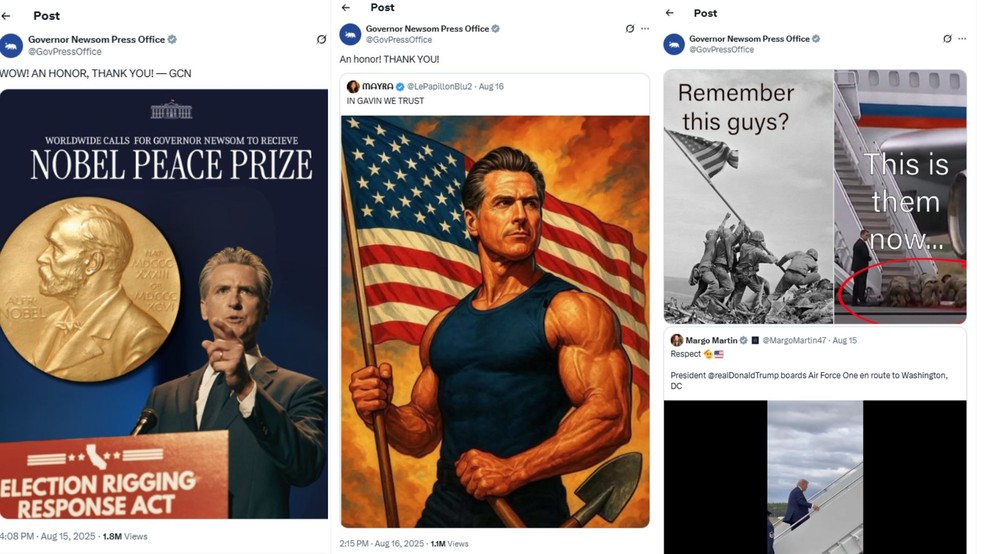 Memes divulgados pelo governador da Califórnia, Gavin Newsom, em sua conta oficial nas redes sociais. — Foto: Reprodução/Gavin Newsom no X