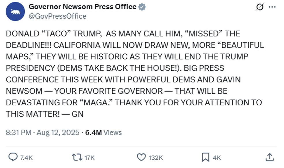 Nas últimas semanas, o governador da Califórnia, Gavin Newsom, passou a usar em comunicações oficiais linguagem similar à de Trump para trollar o presidente dos EUA. — Foto: Reprodução/Gavin Newsom no X
