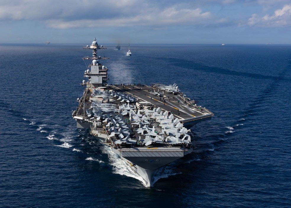 Porta-aviões USS Gerald Ford, navio principal do grupo de ataque USS Gerald Ford da Marinha dos Estados Unidos. — Foto: Alyssa Joy/Marinha dos Estados Unidos