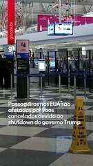Passageiros nos EUA são afetados por voos cancelados devido ao shutdown do governo Trump. 