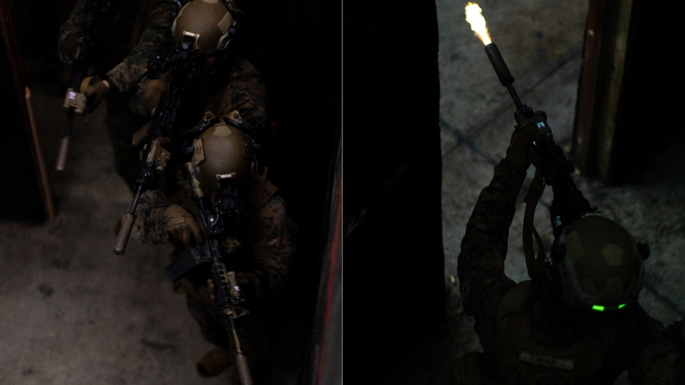 Fuzileiros navais dos Estados Unidos em exercício de combate a curto alcance em ambiente de baixa luminosidade em Porto Rico em 2 de outubro de 2025. — Foto: Kyle Baskin/Marinha dos EUA