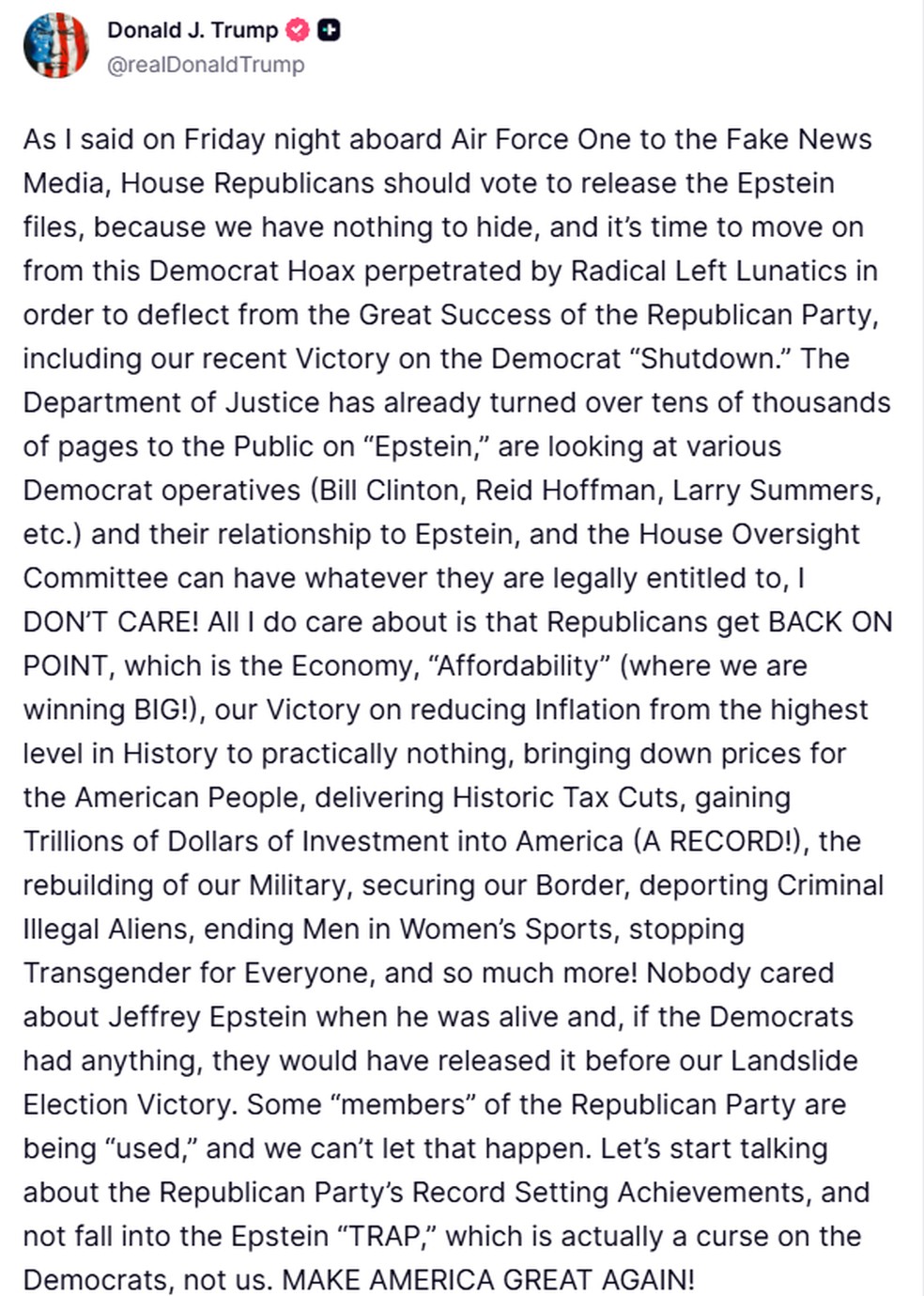 Trump diz que deputados republianos devem votar pela divulgaçao dos arquivos de Epstein — Foto: Reprodução/Truth Social