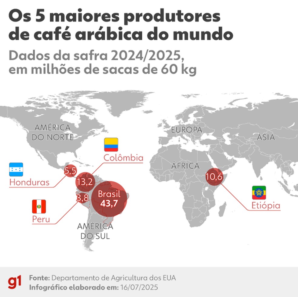 Os 5 maiores produtores de café arábica do mundo — Foto: Luisa Rivas/Arte g1