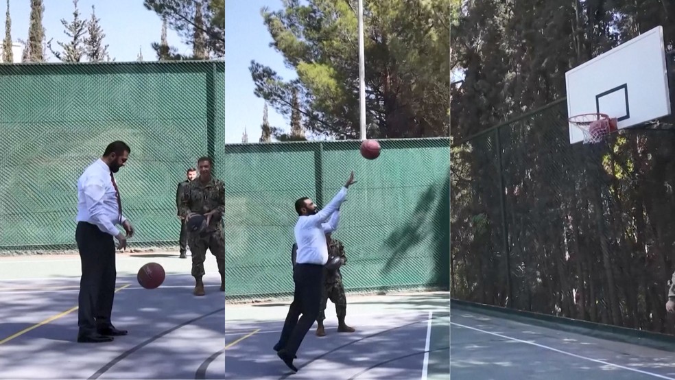 Presidente da Síria, Ahmed al-Shaara, joga basquete com tropas americanas em 9 de novembro de 2025, véspera do encontro com o presidente dos EUA, Donald Trump, na Casa Branca. — Foto: Divulgação/Ministério das Relações Exteriores da Síria