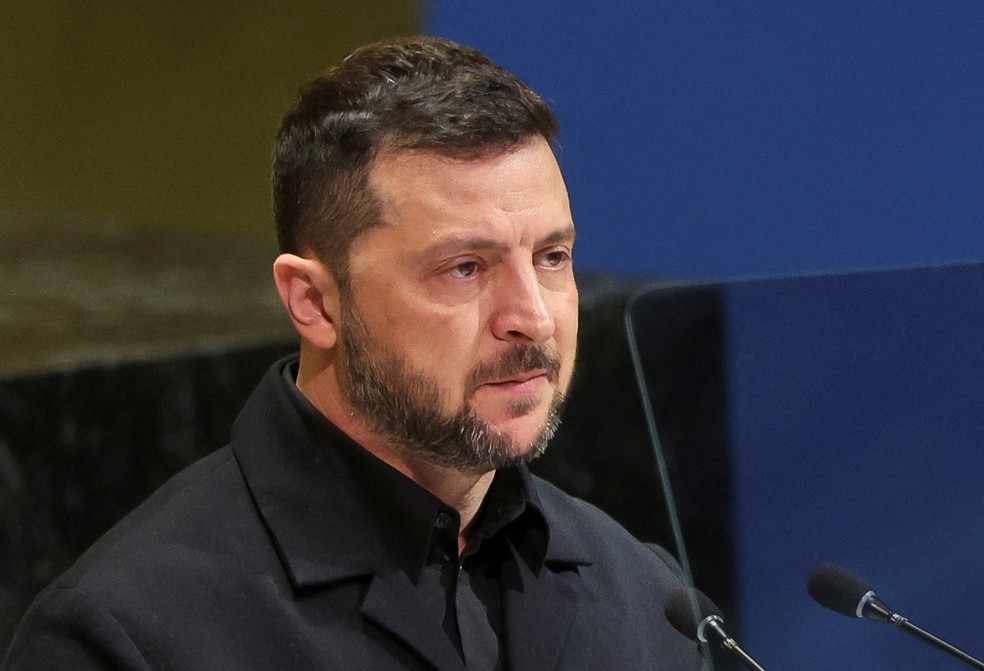 Zelensky discursa na Assembleia Geral da ONU — Foto: Reuters/Shannon Stapleton