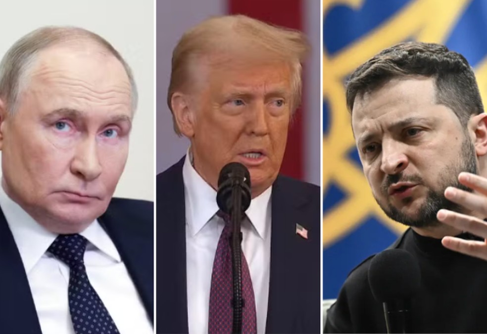 Vladimir Putin, Donald Trump e Volodymyr Zelensky — Foto: Sputnik/Gavriil Grigorov/Pool via REUTERS, Reuters e Genya Savilov/AFP