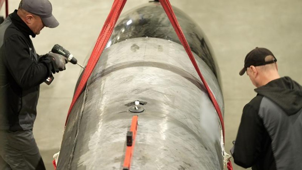 O míssil Flamingo é um novo míssil de cruzeiro ucraniano de longo alcance, projetado para ataques profundos contra a Rússia, com um alcance de até 3 mil km — Foto: Moose Campbell/BBC