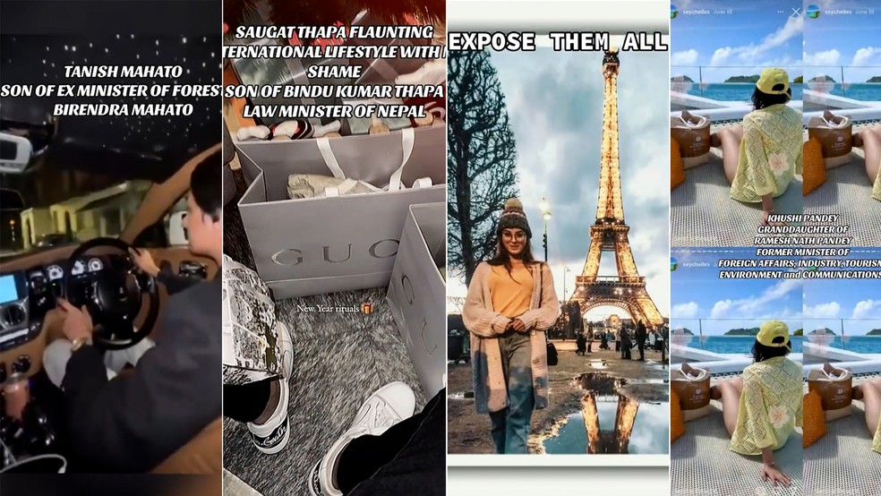 Algumas das imagens compartilhadas nas redes sociais de filhos de autoridades do Nepal exibindo seus privilégios — Foto: TikTok / Reprodução