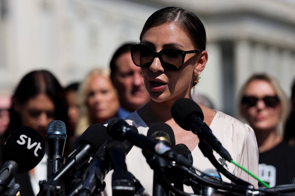 A brasileira Marina Lacerda durante coletiva de imprensa em 3 de setembro de 2025 — Foto: REUTERS/Jonathan Ernst