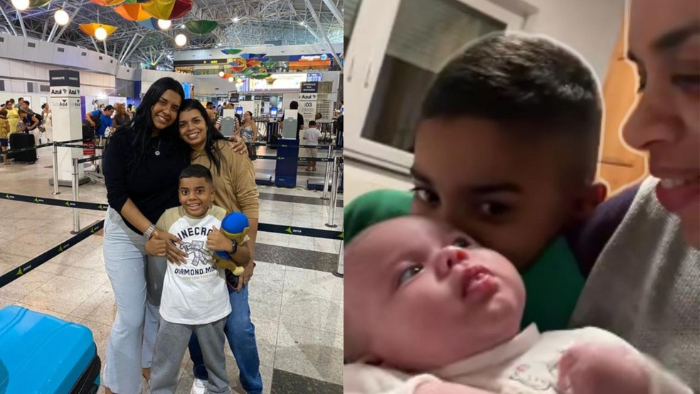 À esquerda, Larissa, Luciana e Kauã Soares da Silva; à direita, Luciana com os filhos Kauã e Maria — Foto: Reprodução/WhatsApp