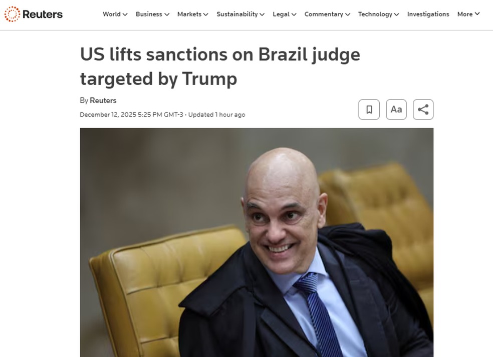 A agência de notícias Reuters sobre retirada das sanções da lei Magnitsky de Alexandre de Moraes — Foto: Reprodução