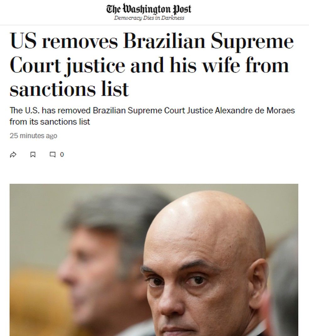 O jornal americano "The Washington Post" sobre retirada das sanções da lei Magnitsky de Alexandre de Moraes — Foto: Reprodução