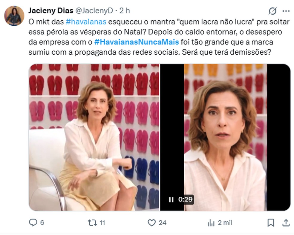 Usuária se queixa da propaganda da Havaianas e aponta que vídeo "sumiu" das redes sociais da marca — Foto: Reprodução/X