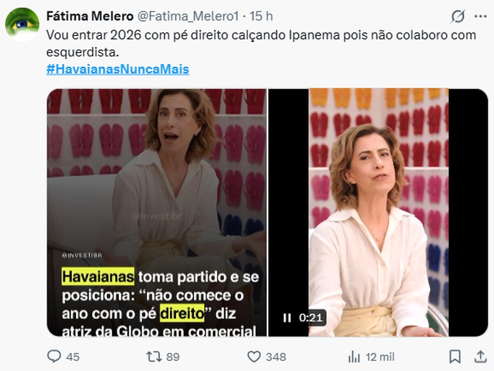 Militantes conservadores da direita passaram a convocar um boicote à Havaianas nas redes sociais — Foto: Reprodução/X