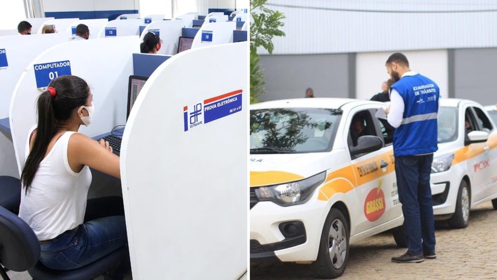 Montagem com fotos de provas teóricas (esquerda) e práticas (direita) para obtenção da CNH — Foto: Reprodução/Detran Pernambuco e Detran Espírito Santo