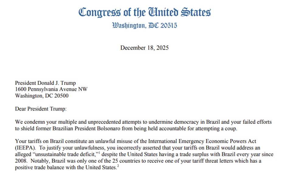 Democratas pedem em carta enviada a Trump que o presidente dos EUA desista de tarifaço aplicado ao Brasil e repudiam tentativas de minar a democracia brasileira. — Foto: Reprodução