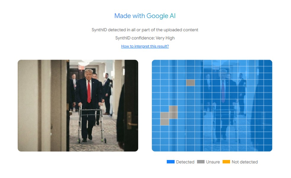 SynthID detectou nos pontos azuis a presença da marca d'água de IAs do Google. — Foto: Reprodução