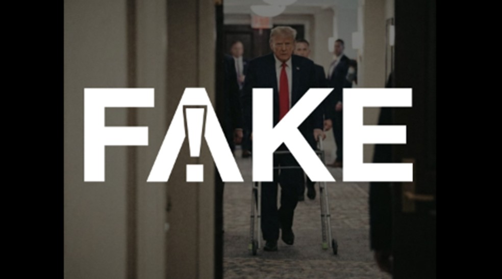 É #FAKE foto de Trump caminhando com andador; imagem foi criada com inteligência artificial — Foto: Reprodução