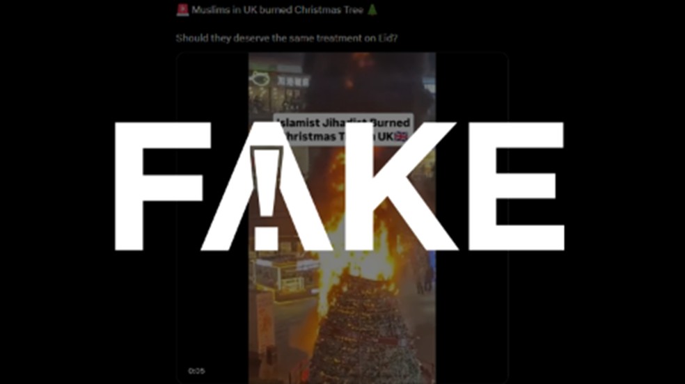 É #FAKE que muçulmanos queimaram árvore de Natal no Reino Unido; cena mostra incêndio acidental na China em 2024 — Foto: Reprodução