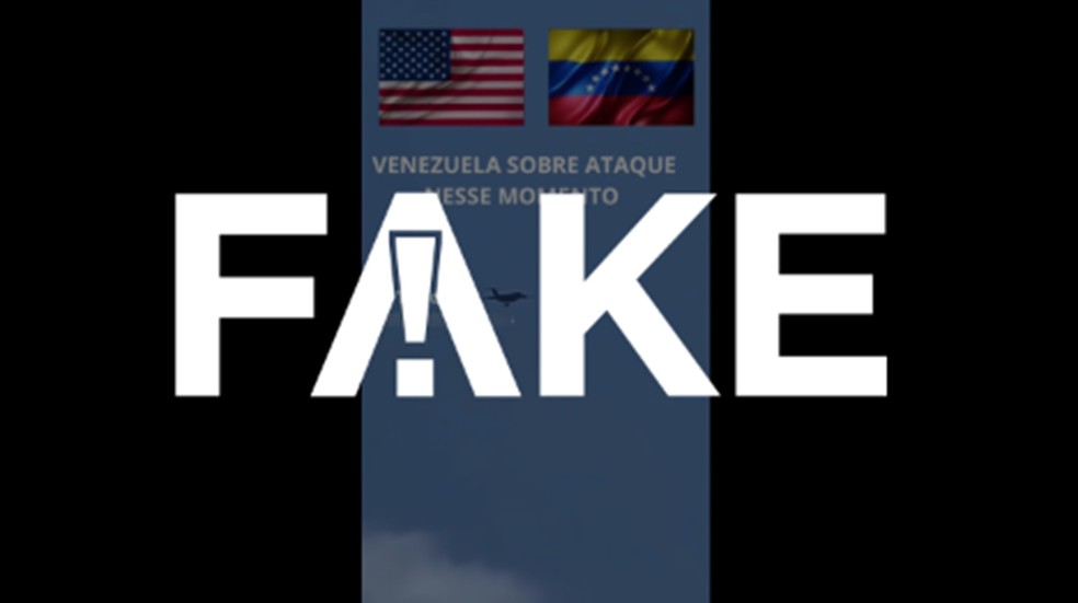 É #FAKE que vídeo mostre avião americano bombardeando Venezuela; gravação foi criada com IA — Foto: Reprodução