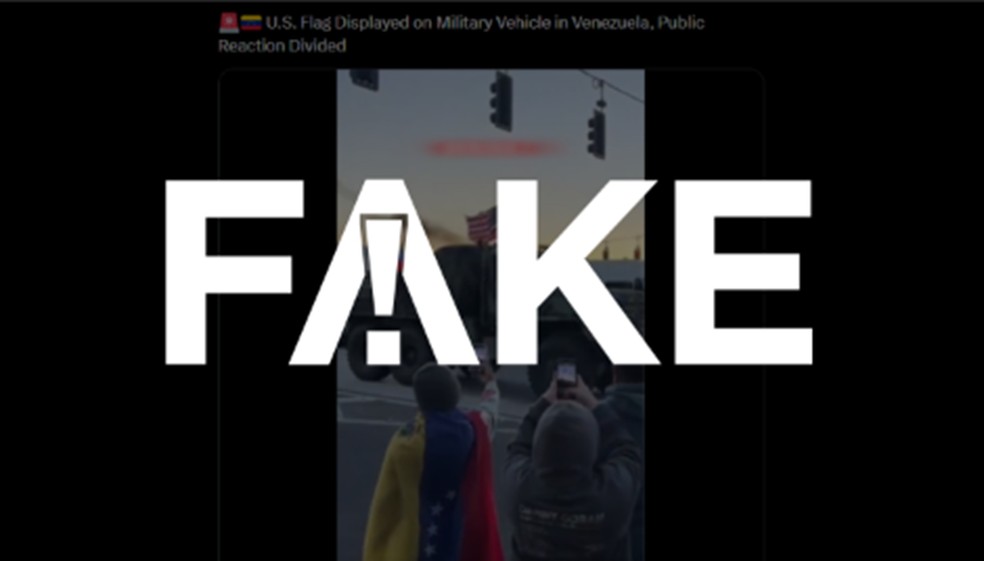 É #FAKE que vídeo mostre caminhão militar com bandeira americana na Venezuela; imagens são de janeiro na Flórida — Foto: Reprodução