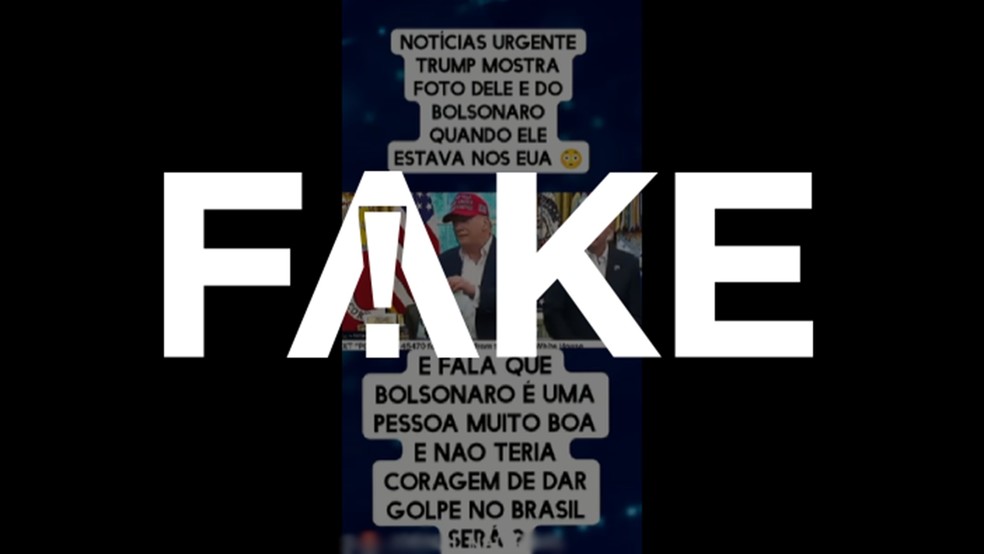 É #FAKE que vídeo mostre Trump exibindo foto ao lado de Jair Bolsonaro; quem aparece na imagem real é Vladimir Putin — Foto: Reprodução