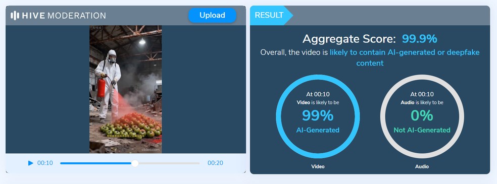 HiveModeration aponta uso de IA em vídeo de frutas sendo "tingidas" artificialmente. — Foto: Reprodução