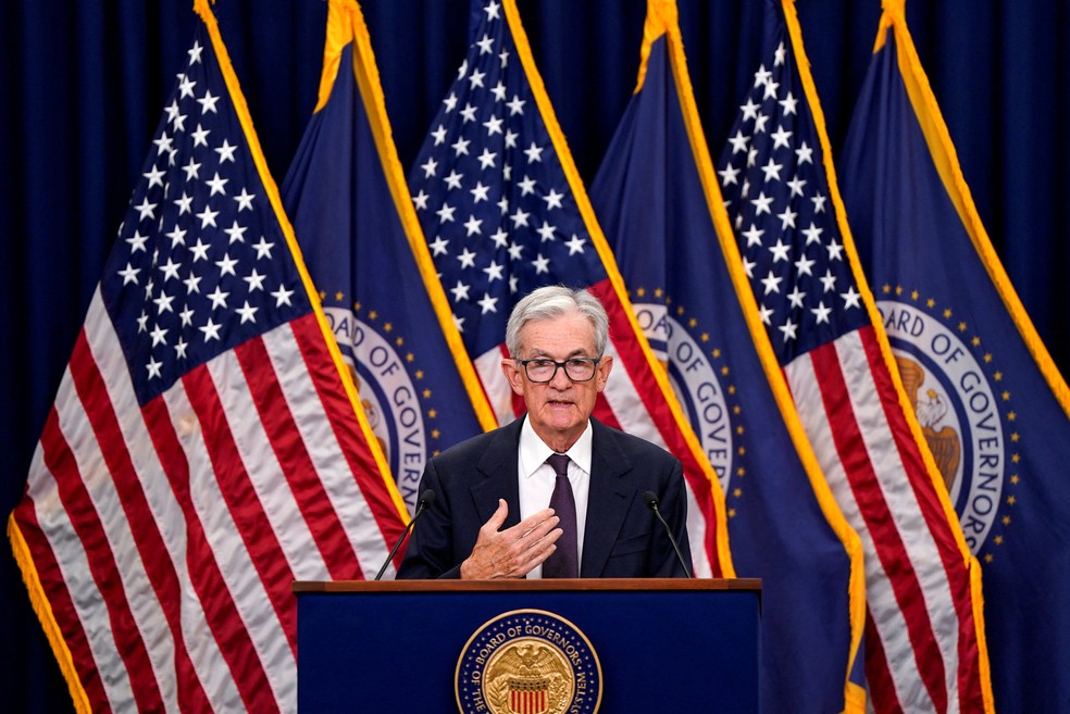 Jerome Powell durante uma coletiva de imprensa após decisão sobre taxas de juros, em 17 de setembro de 2025. — Foto: Reuters