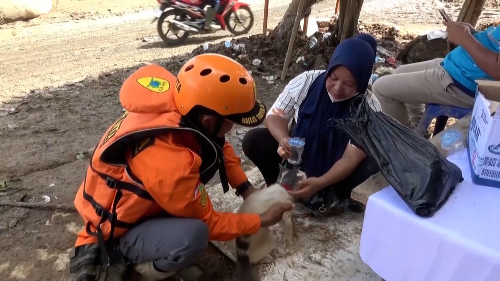 Tutora dá agua para seu gatinho após resgate — Foto: REUTERS