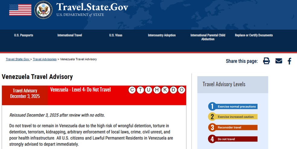 Departamento de Estado dos EUA orienta cidadãos americanos a não permanecer nem viajar para a Venezuela — Foto: Reprodução