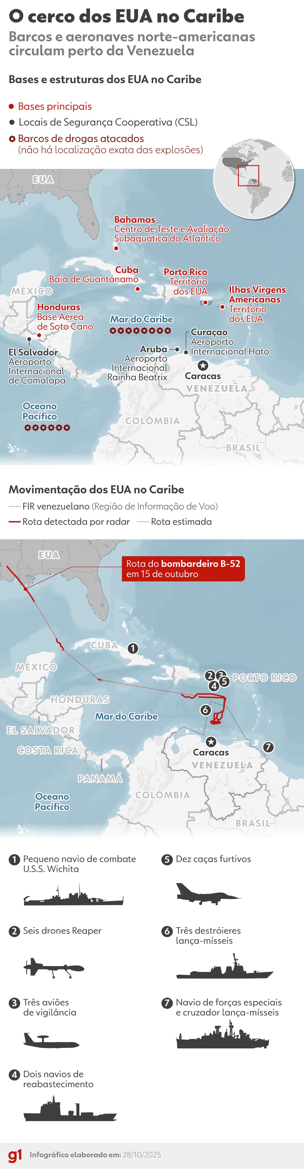 Mapas mostram cerco dos EUA contra a Venezuela — Foto: Dhara Assis/Arte g1