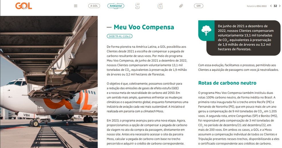 Programa 'Meu voo compensa' aparecia com destaque nos relatórios de sustentabilidade da Gol em 2022 e 2023 — Foto: Reprodução/Relatório de sustentabilidade