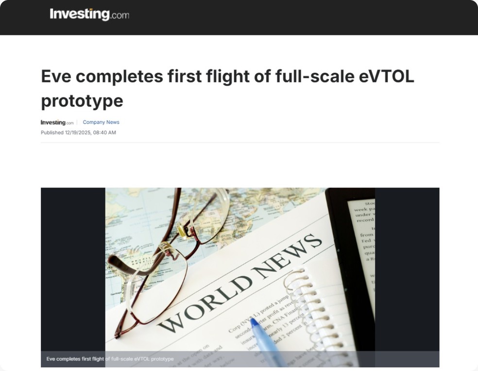 Portal de notícias Investig também noticiou voo do carro voador da Embraer — Foto: Reprodução
